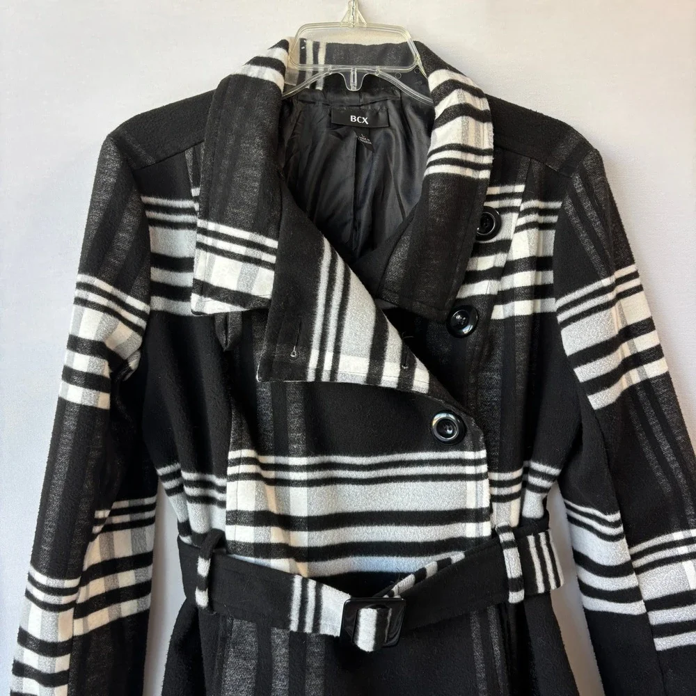 BCX Coat Black & White Plaid L Belted Statement Maximalist Art to Wear - Picture 2 of 10